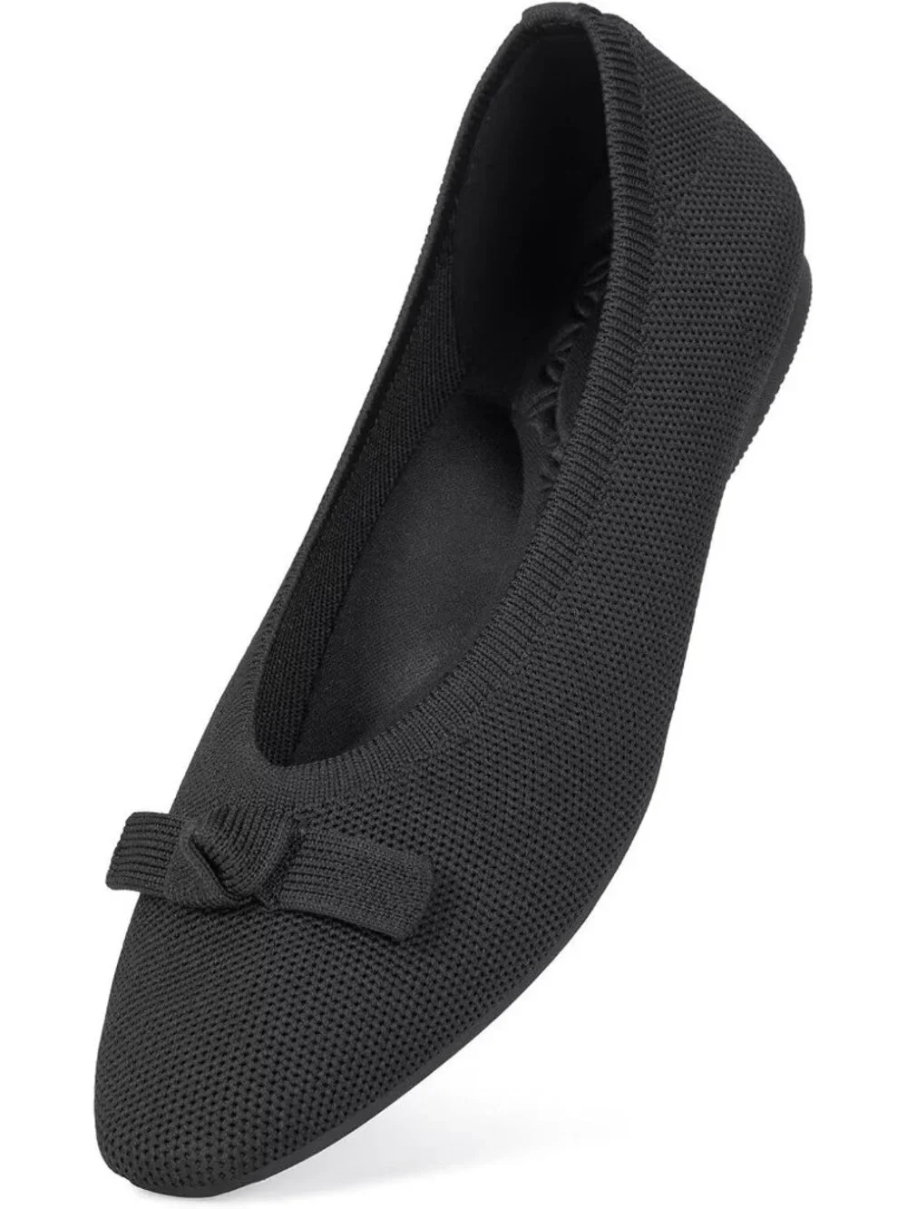 Frank Mully Women's Black Solid Rubber Knit Squared Toe Bow Slip On Ballet Flats
